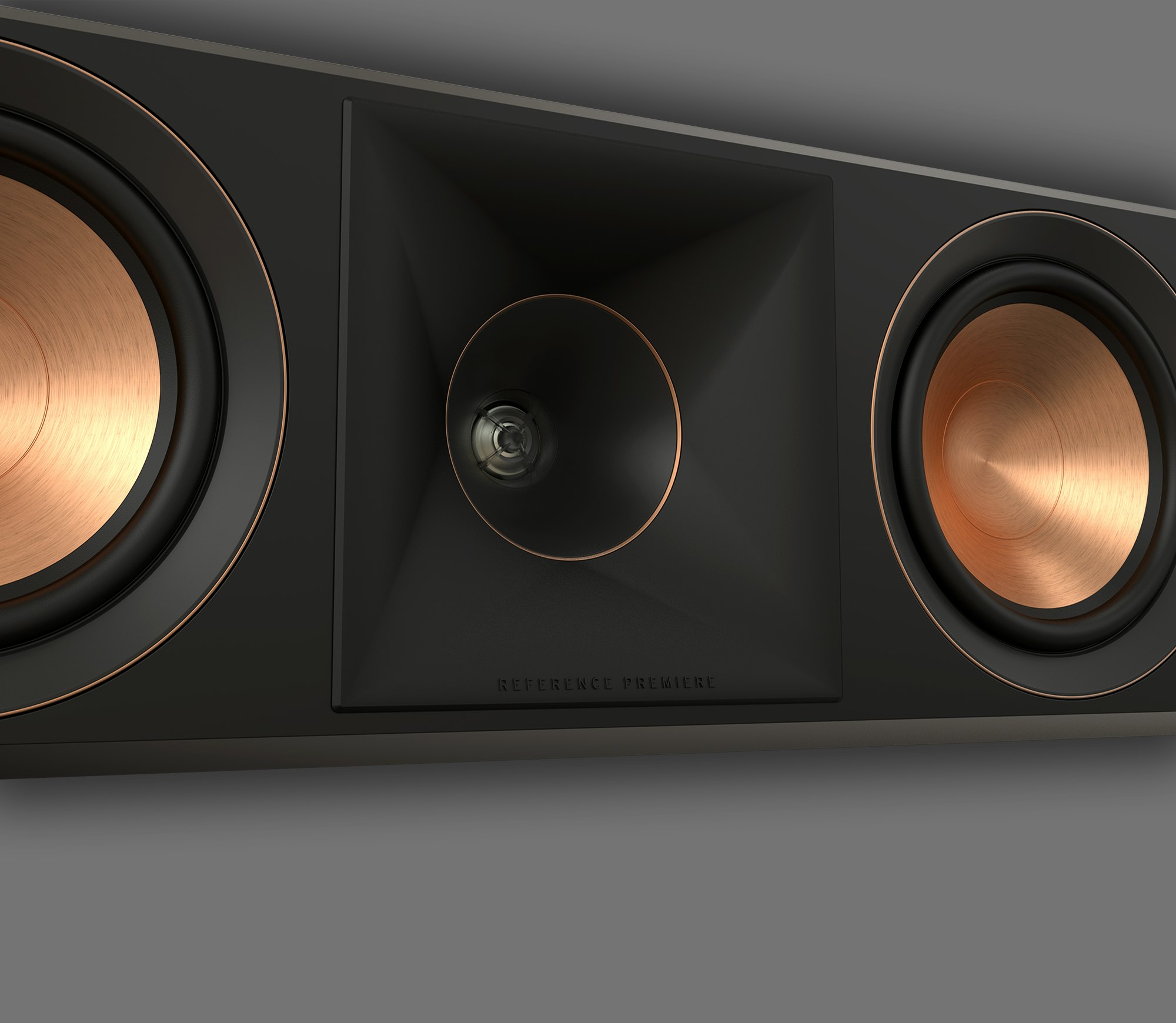 RP 504 C II Close up of horn with copper woofers at the side on a grey background